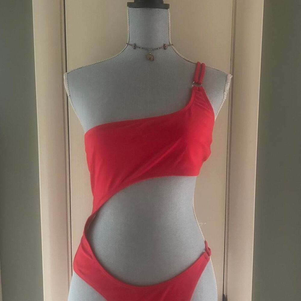 Red one piece swimsuit with adjustable
